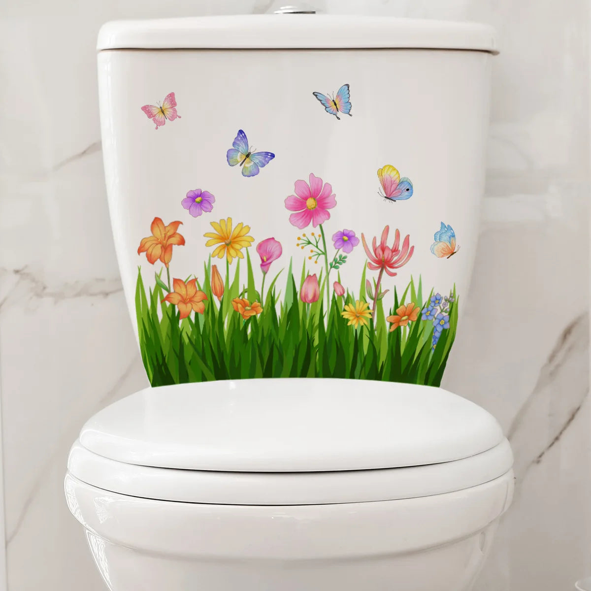 autocollant toilette fleurs papillons herbe adhésif décoration mur piscine réfrigerateur blanc pastorale