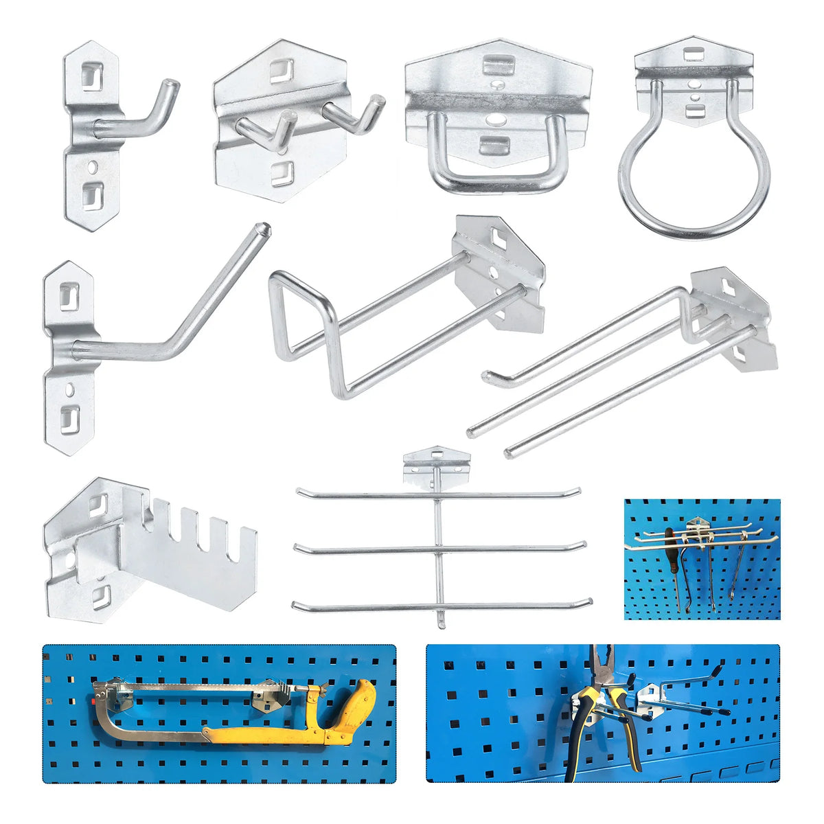 crochet mural acier argenté planche trous rangement outils cuisine garage salle bain
