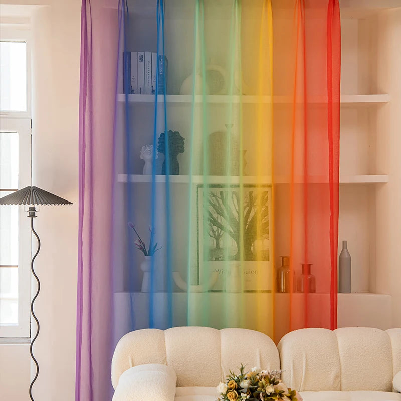 rideau moderne rayures arc ciel transparent polyester bleu vert jaune rouge violet élastique salon