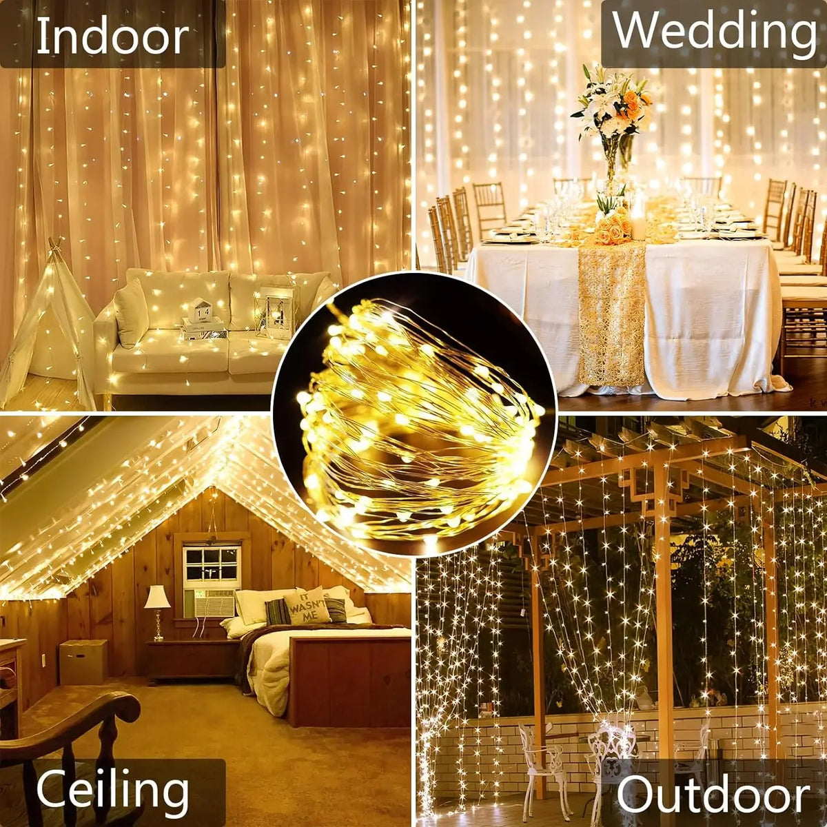 guirlande lumineuse solaire jaune rideau blanc extérieur decoration pergola arbres fleurs