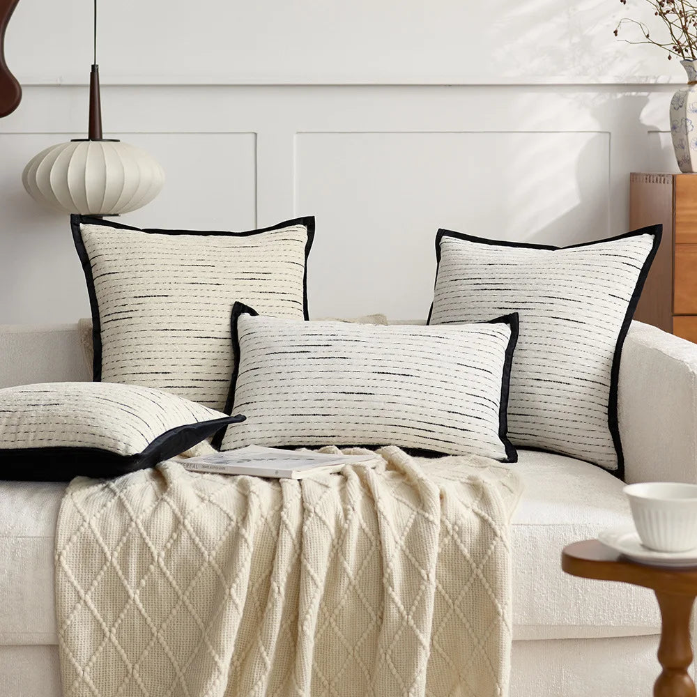 coussins carrés blanc noir rayures moderne housses jacquard polyeste décoration intérieure nordique fixations