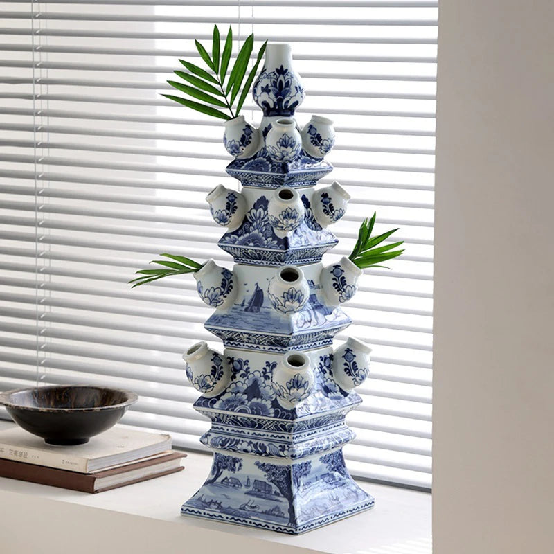 vases céramique bleu blanc décor floral traditionnel asiatique hand painted grandes dimensions