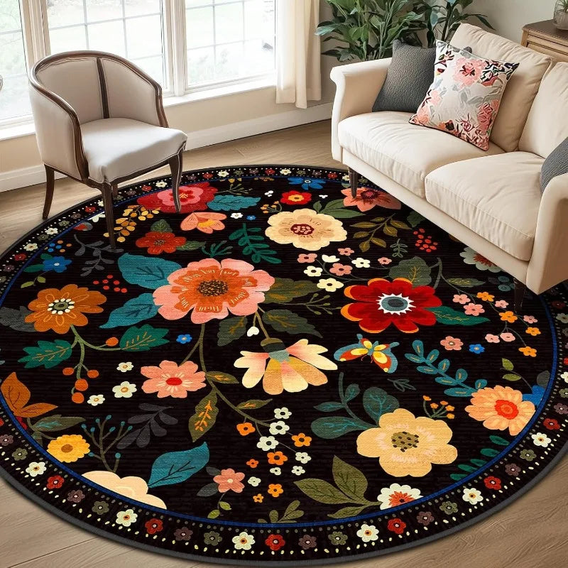 tapis rond moderne fleurs colorées noir orange bleu salon chambre extérieur 80x80cm 120x120cm polyester