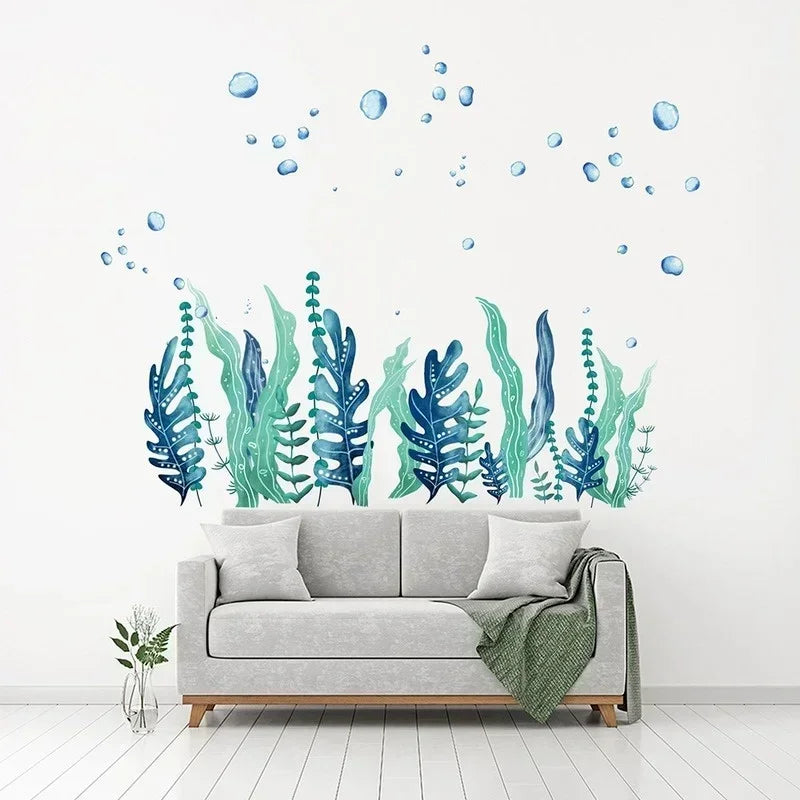 sticker mural moderne plantes aquatiques bleu vert chambre salon décoration murale autoadhésif