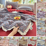 litre couverture fleurs romantique gris rouge blanc dentelle bordure chambre fille