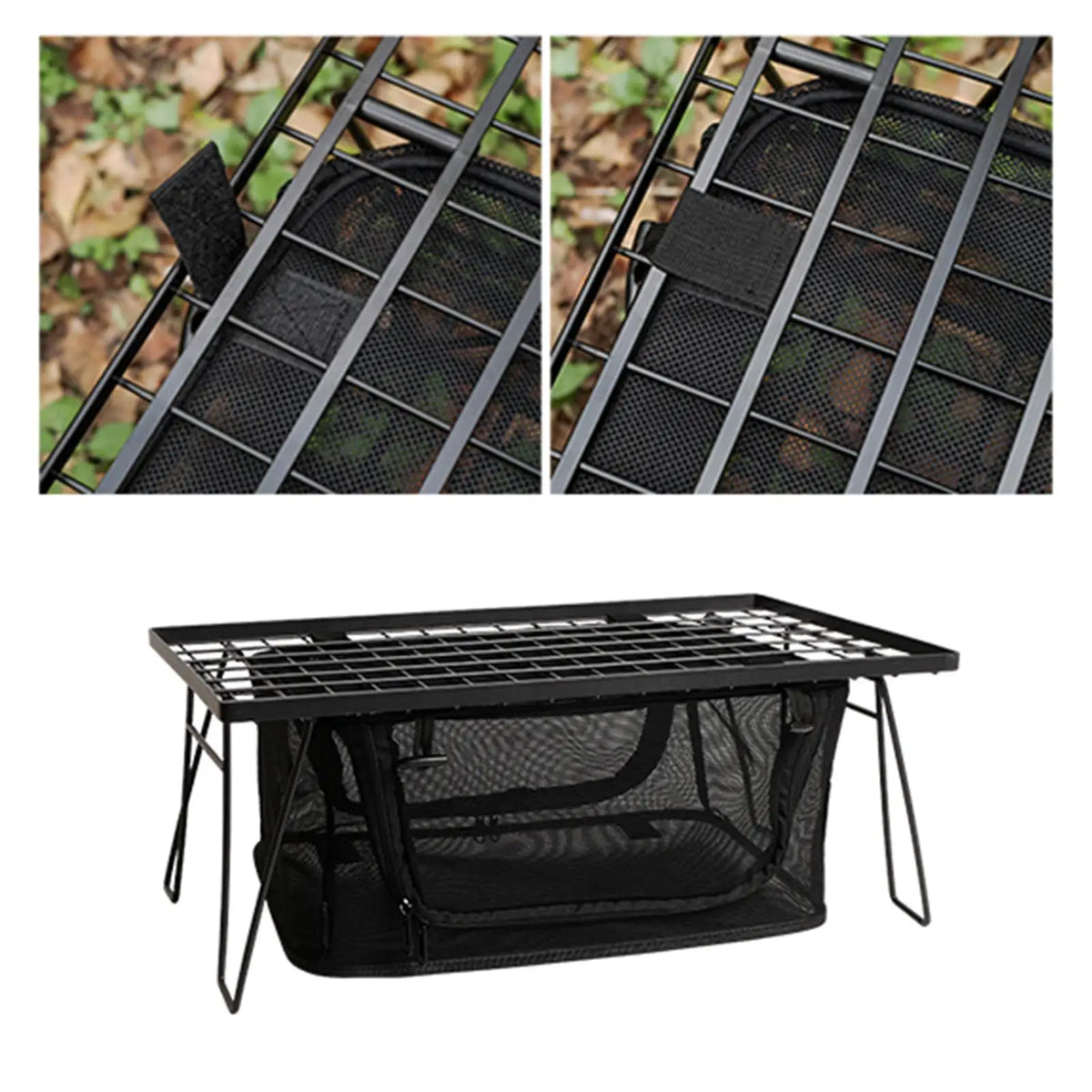 filet rangement noir vaisselle camping table pliante sac portable maille fine clips modernes