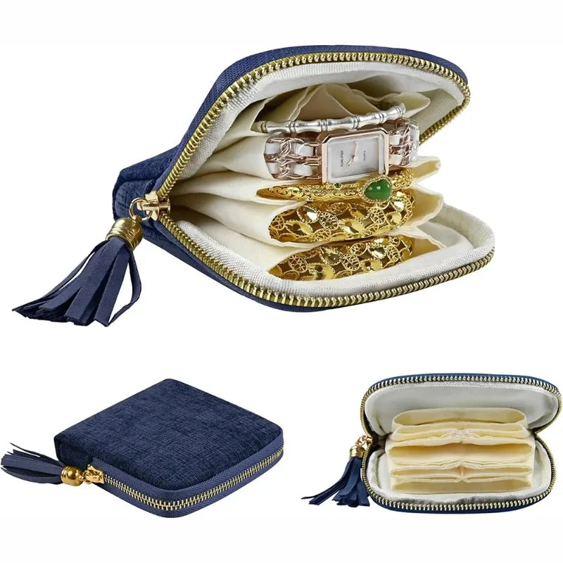 porte bijoux velours bleu marine poches intérieures moderne élégant fermeture glissière poignées velours blanc