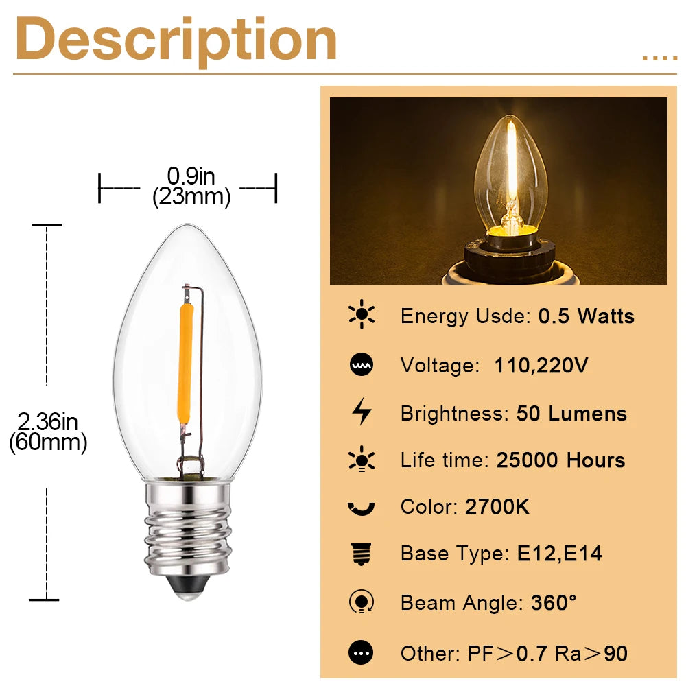 ampoule led filament doré 2700k blanc chaud e14 220v 0.5w transparent moderne 25000h