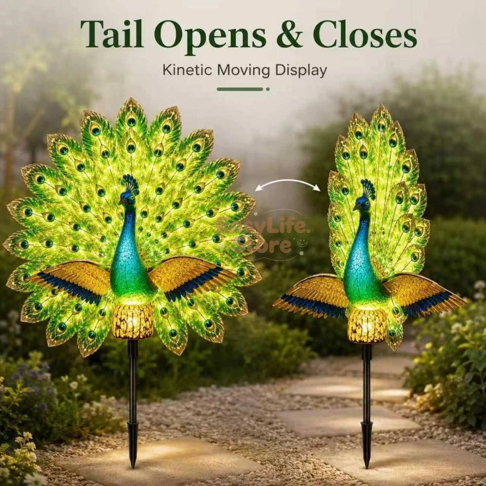 décoration jardin paon plumes bleu vert or lumière LED mouvement auto étancheextérieur féerique