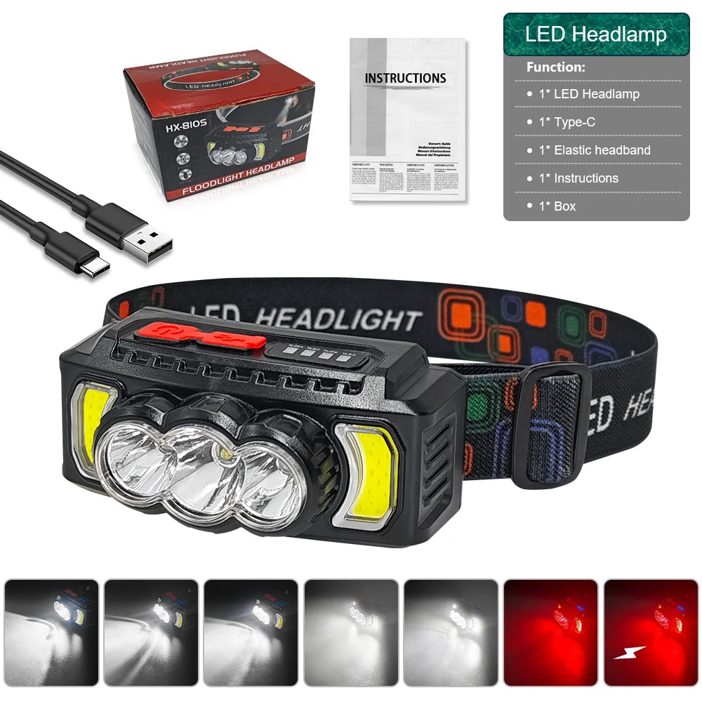 lampe frontale led rechargeable noire jaune rouge randonnée camping modes étanche self défense