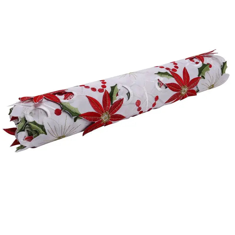 ruban decoratif noel brode fleurs poinsettia houx dorures classique blanc rouge vert festive