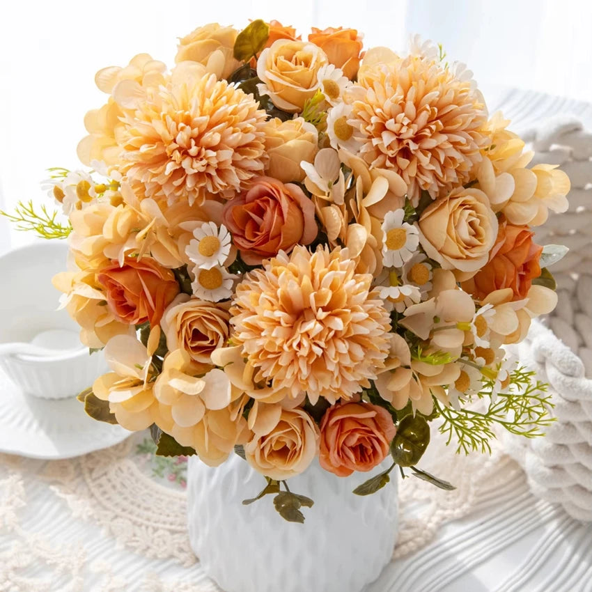 bouquet artificiel fleurs blanches roses claires intérieur décoration moderne minimaliste chambre table mariage anniversaire