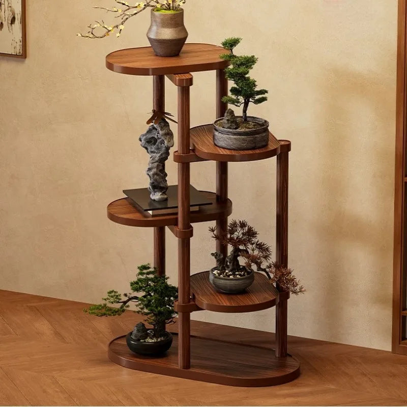 étagère plantes bois moderne niveaux marron foncé vases sculptures minimalisteintérieur