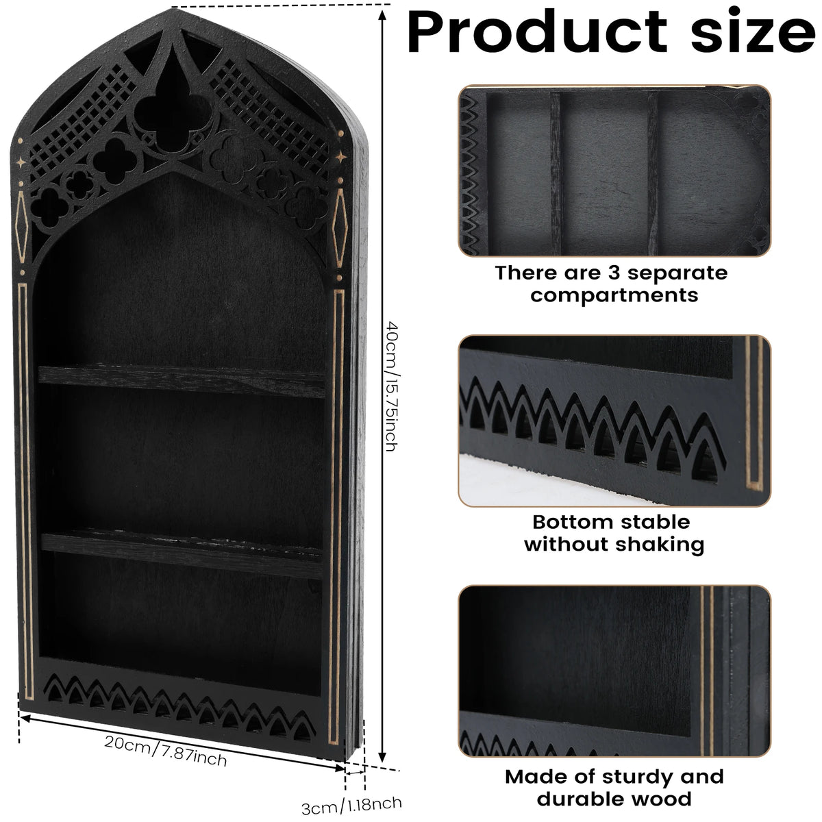 étagère murale gothique noire or pierres minéraux coquillages huiles essentielles decorative trois niveaux fixations