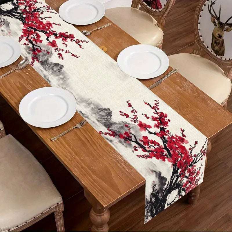 nappe longue imprimée fleurs cerisiers effet aquarelle décoration asiatique table maison assiettes couverts verres