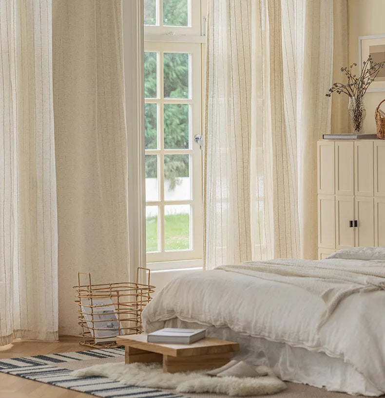 rideau moderne minimaliste lin semi transparent beige clair rayures fines w200 h260cm eyeletsextérieur