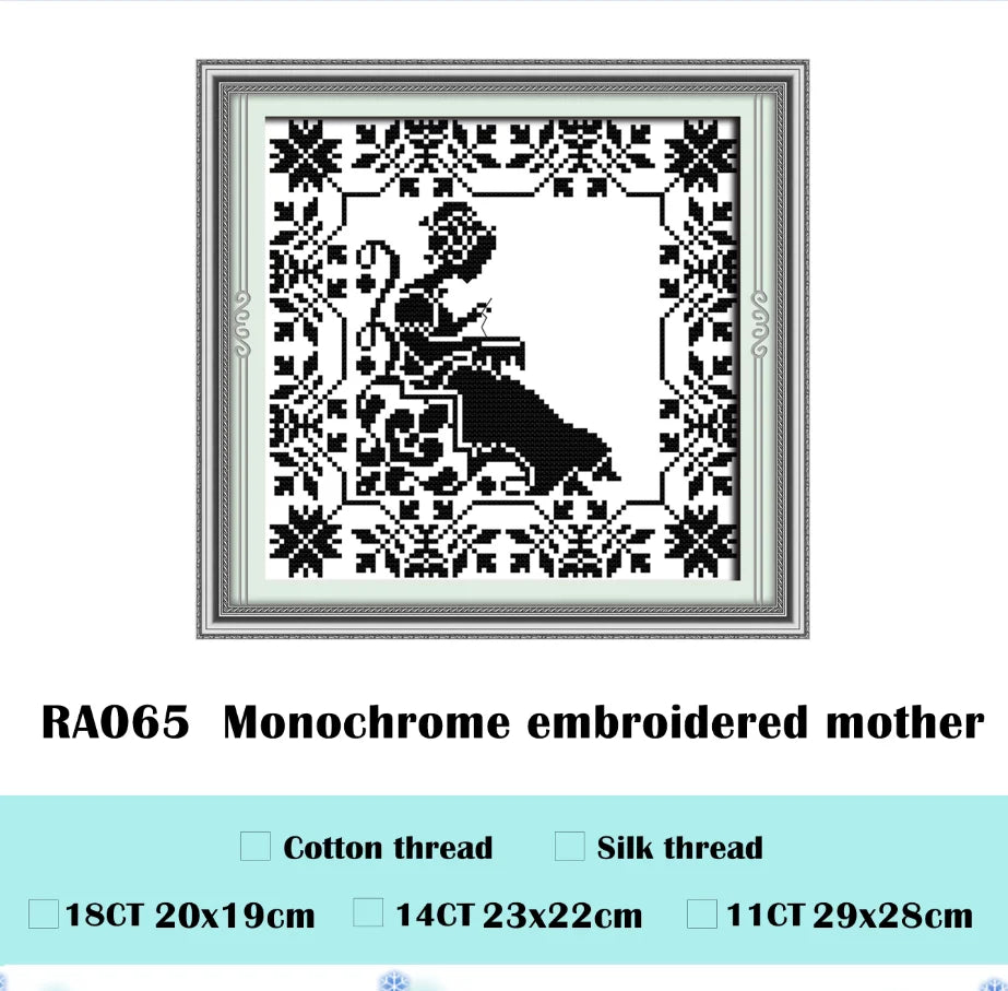kit broderie points croix motif floral animal noir blanc traditionnel toile coton instructions imprimé