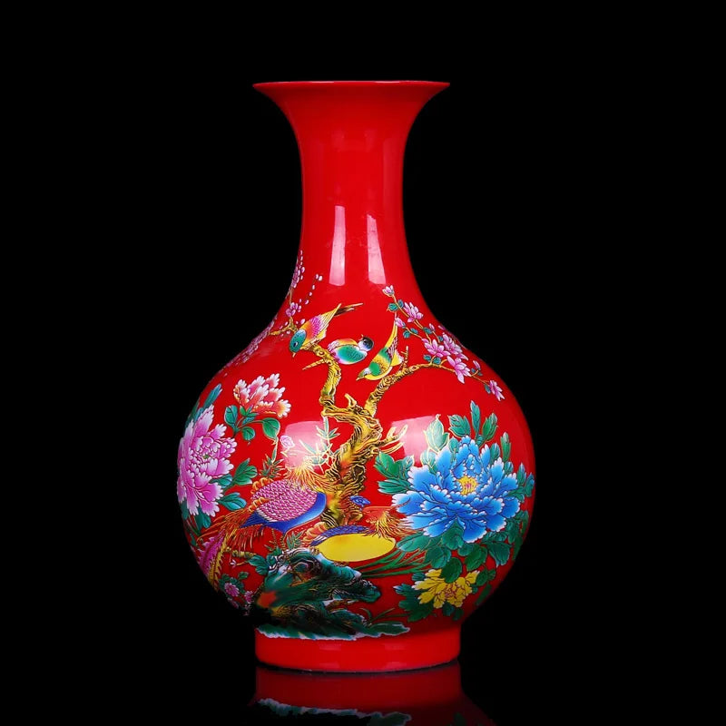 vase porcelaine traditionnel fleurs oiseaux jaune rouge bleu maison