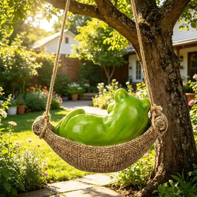statue grenouille vert hamac corde tissu bois extérieur moderne décoration jardin