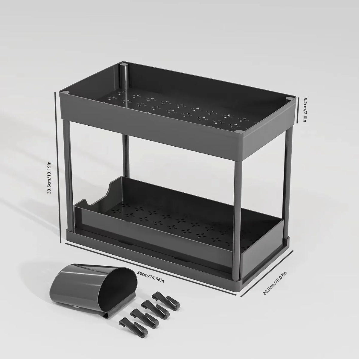 rangements étagères coulissantes deux niveaux porte gobelet moderne cuisine salle bain noir blanc minimaliste