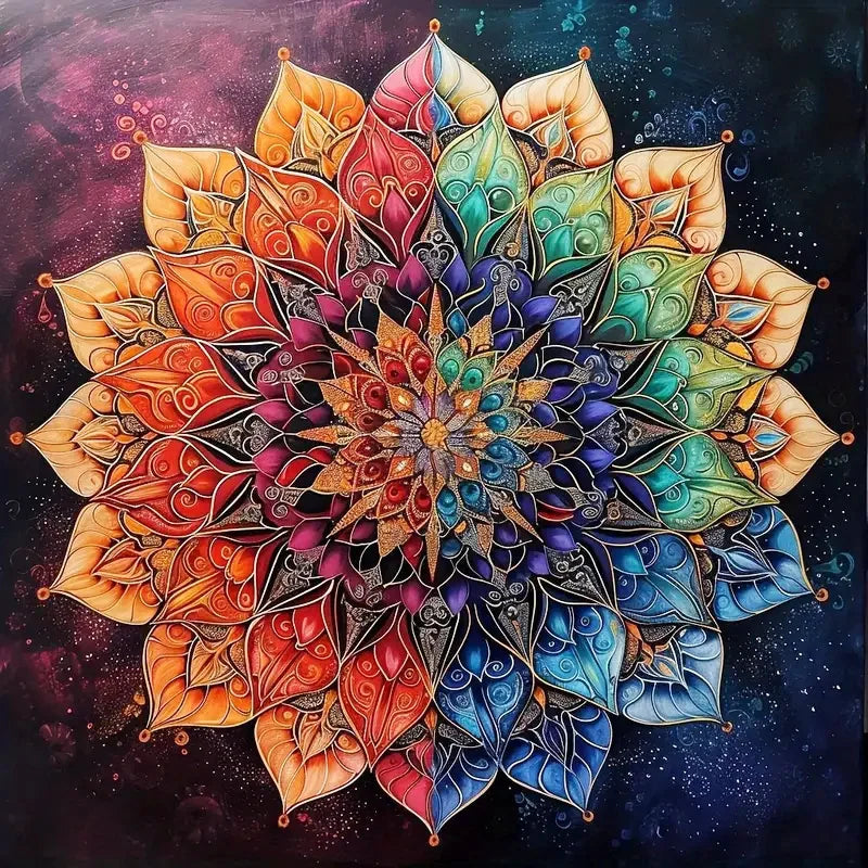 tableau mandala floral peintures moderne art contemporain multicolore orange rouge bleu vert violet guide
