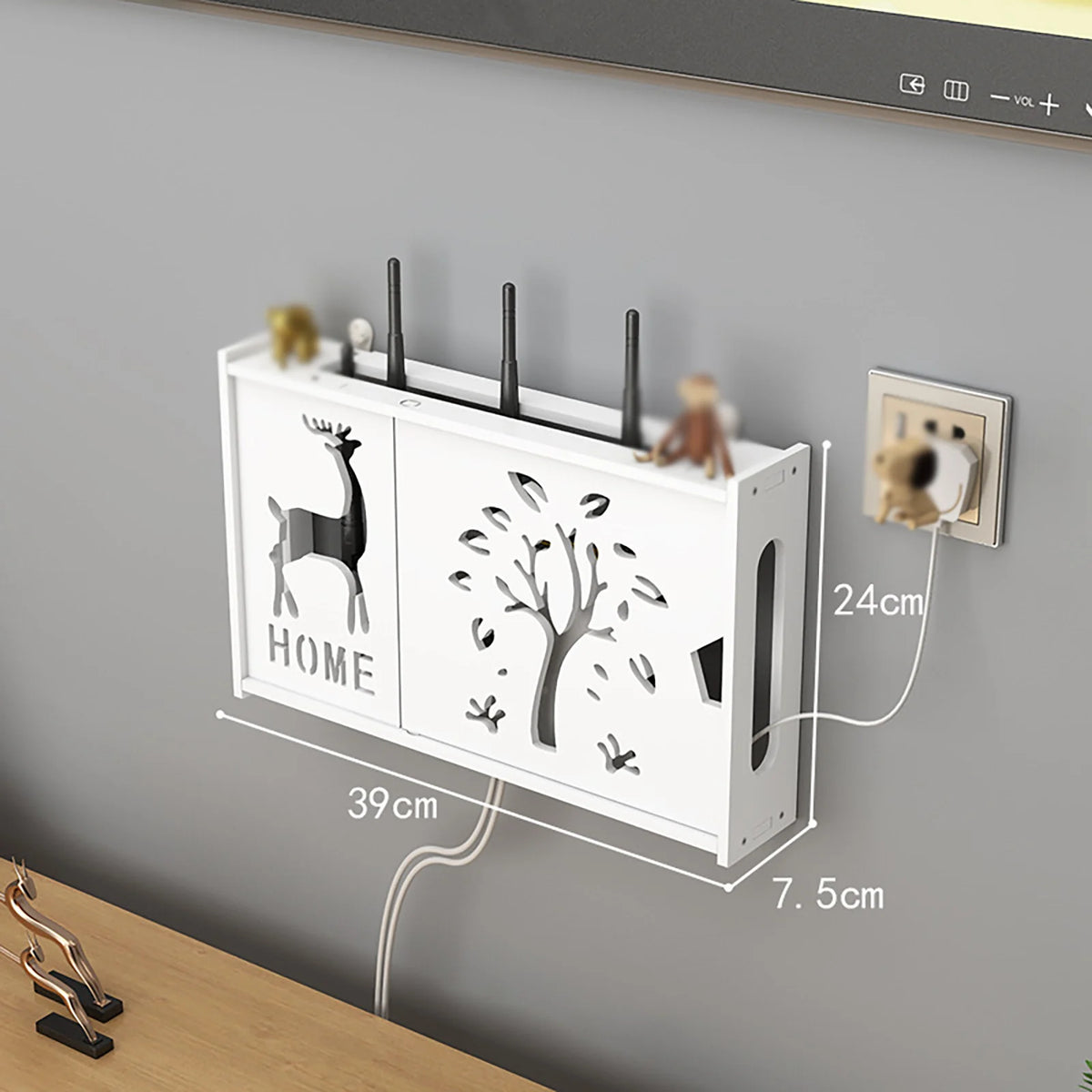 meuble rangement mural blanc bambou prises électriques étagères cable wifi