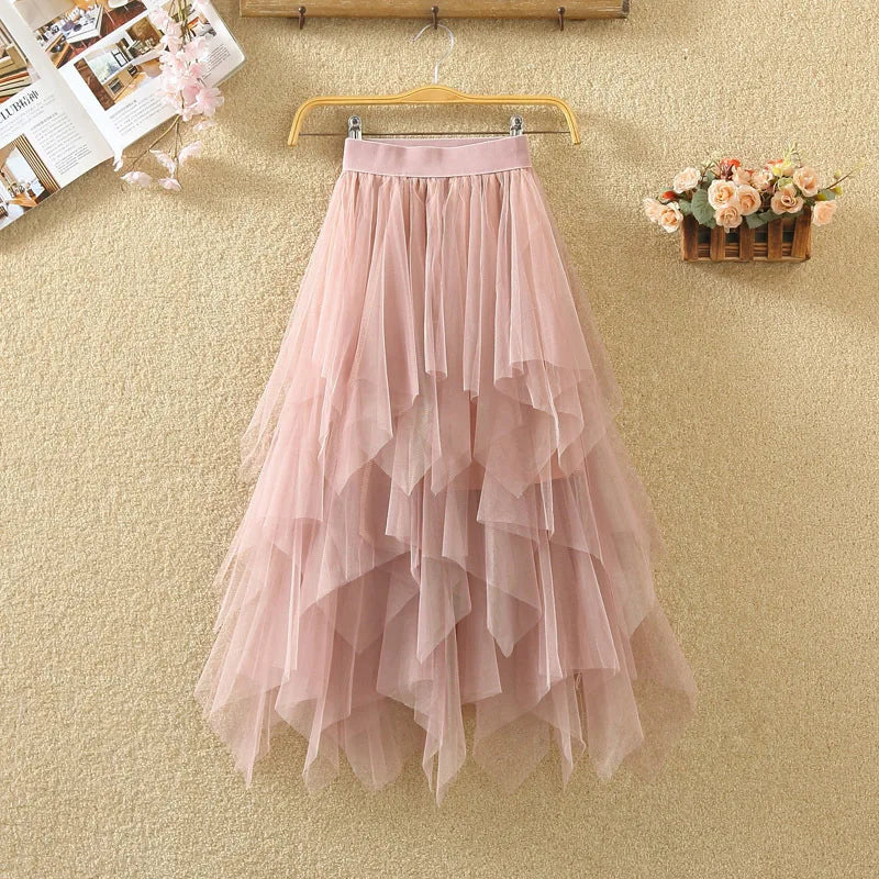 jupe tulle plissée féminine élastique printemps été rose clair gris blanc noir élégante lignemidi