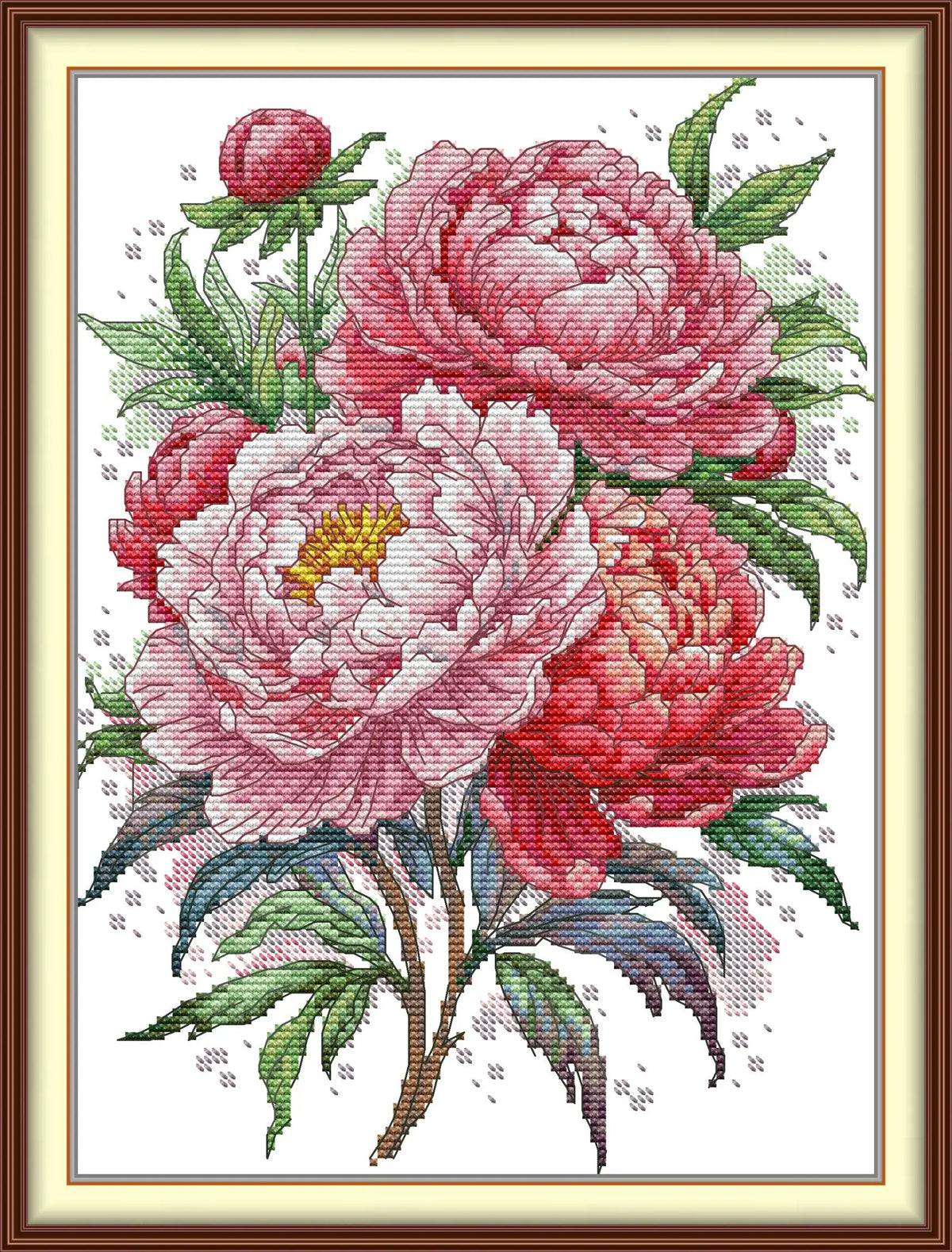 broderie fleur pivoine rose rouge vert blanc coton 11ct 14ct toile imprimée non imprimée