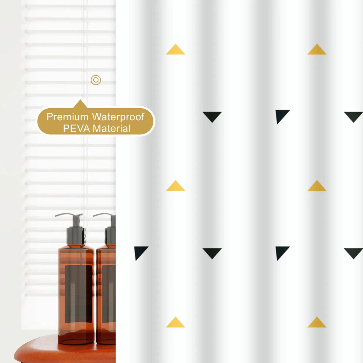 rideau douche moderne motif géométrique triangles blanc noir orange opaquet relief respectueux environnement