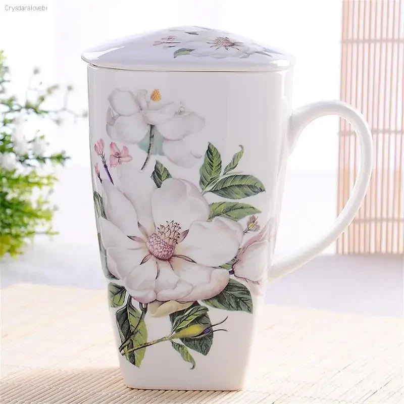 tasses thé céramique fleurs classiques poignées couvercle blanc rose vert