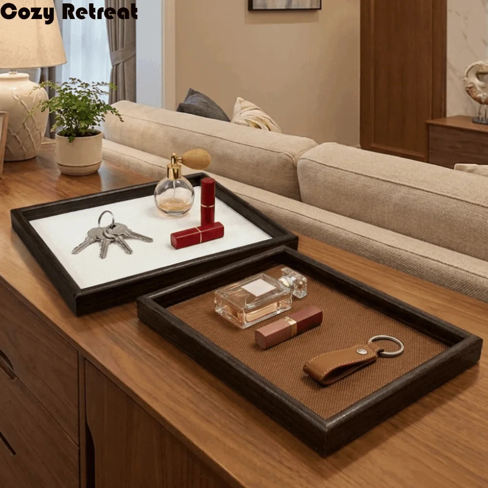 présentoir moderne plateau noir blanc marron tissu beige clés montre bague lunettes bracelet
