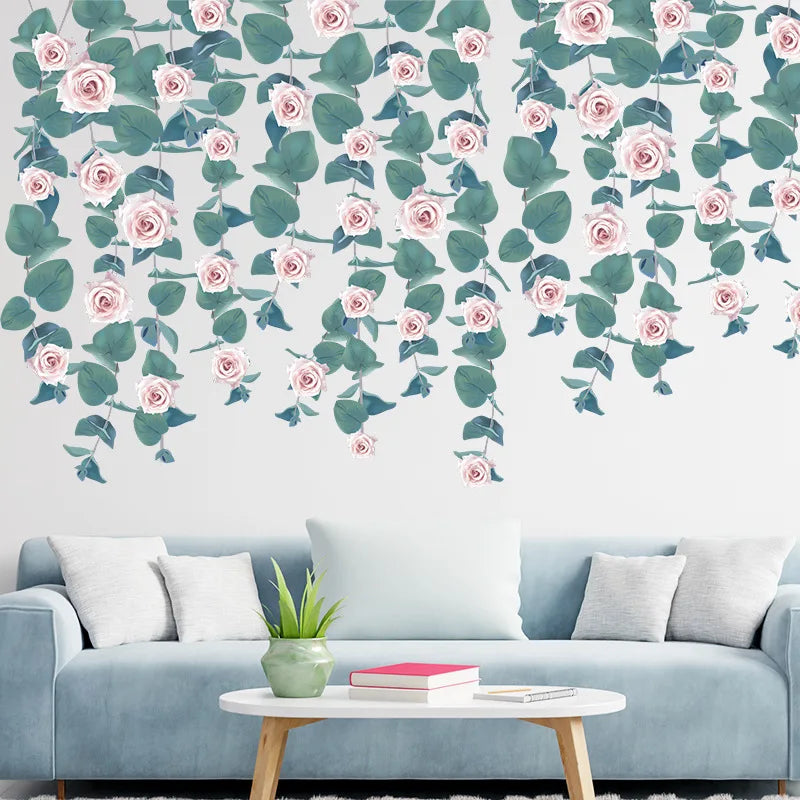 sticker mural floral feuilles vertes fleurs roses décoration intérieure moderne chambre salon autocollant pvcversible