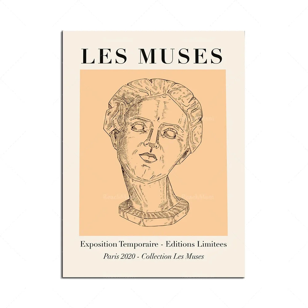 Affiche d'une exposition temporaire nommée "Les Muses" avec une illustration d'une tête sculptée en gros plan.