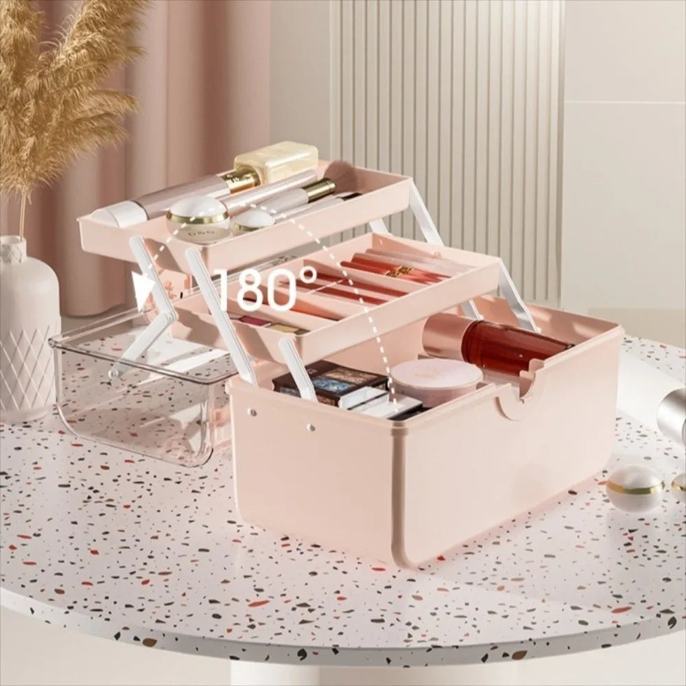 organisateur maquillage boîte rose pâle moderne réutilisable transparent poignée brosses pots