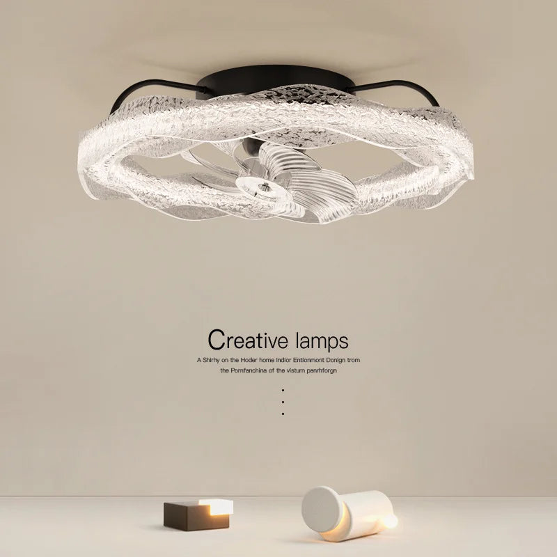 ventilateur moderne blanc noir transparent motifs décoratifs fixations crochets led télécommande
