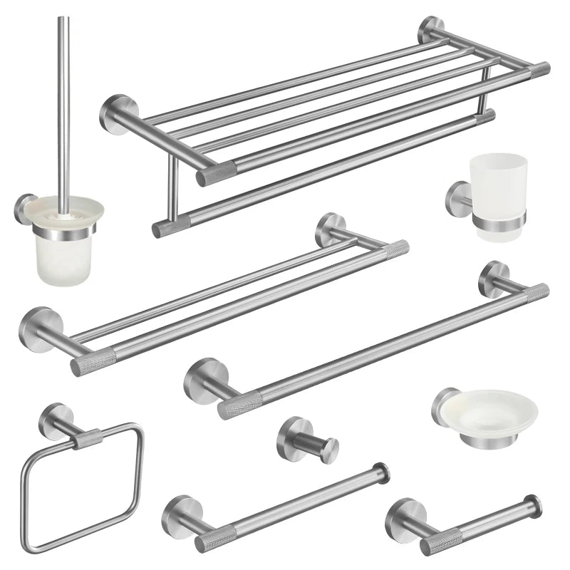 ensemble accessoires salle bain porte serviettes mural métal argenté moderne finition nickel brossé