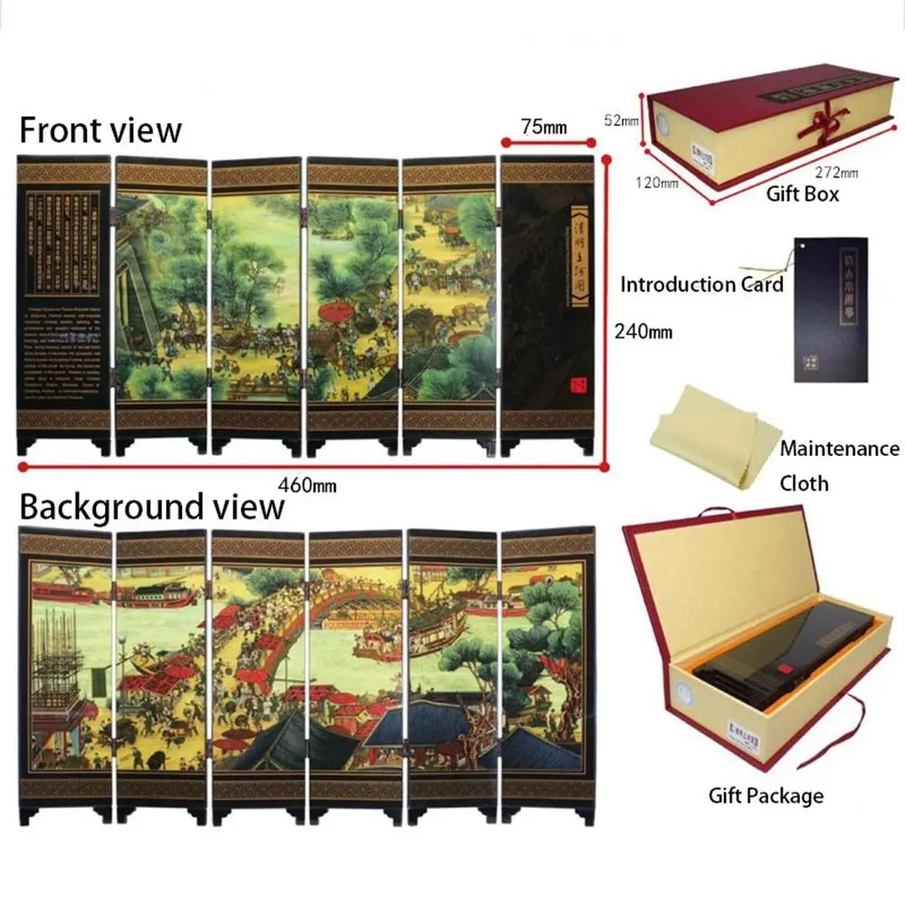 paravent chinois peinture traditionnelle paysages animaux calligraphie bois doré noir ornement chambre multifonctionnel souvenirs