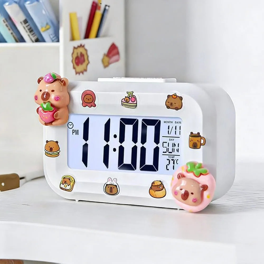 horloge numérique led dessins animés personnages mignons blanc rose marron moderne heure date jour