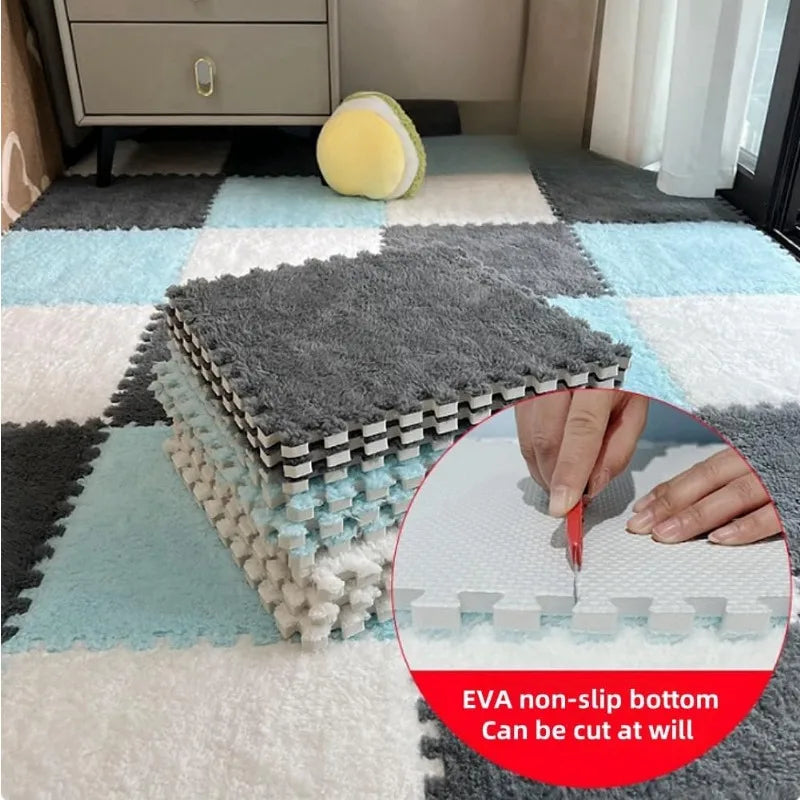 tapis modulable carreaux géométriques gris blanc doux moelleux moderne clips 30cm 30cm