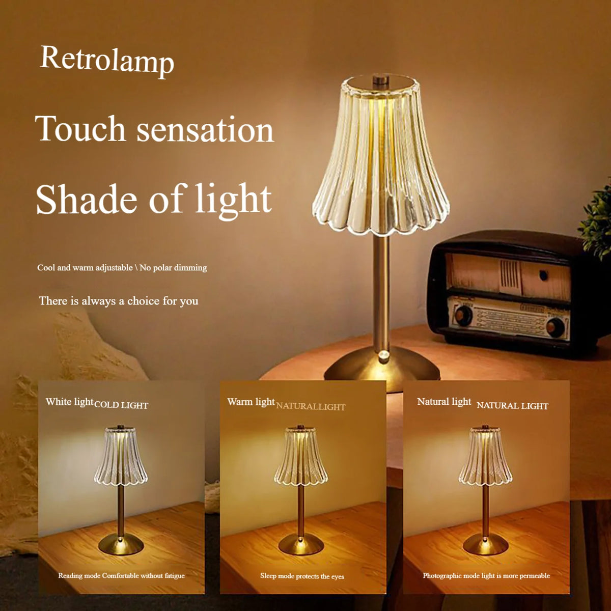 lampe table moderne or transparent abat jour rayures cristal recharge tactile chambre coucher led