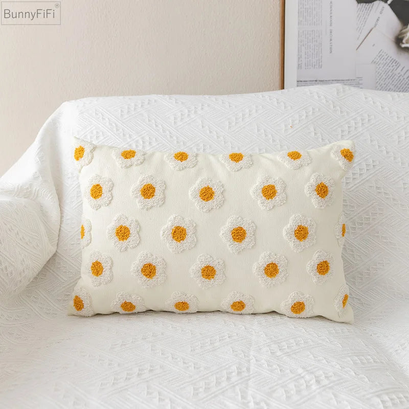 housse coussin brodée fleurs blanches jaunes coton polyester 30x50cm zip open décorative salon voiture