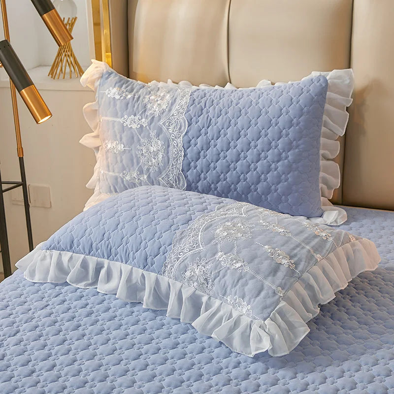 taies d'oreiller vintage blanches franges pièces 48x74cm polyester coton maison