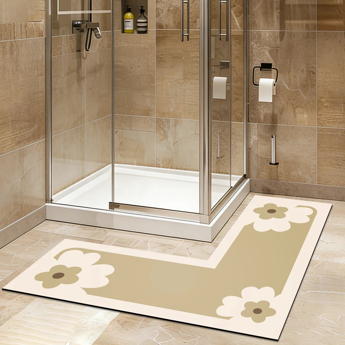 tapis bain beige fleurs moderne adhésif 120cm 75cm absorbant antidérapant