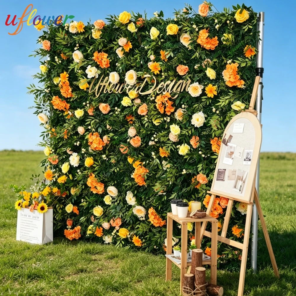 panneau floral décoration événementiel intérieur vert orange roses feuilles texturées fixations charnières événements decoration