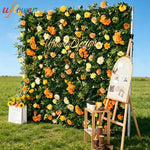 panneau floral décoration événementiel intérieur vert orange roses feuilles texturées fixations charnières événements decoration