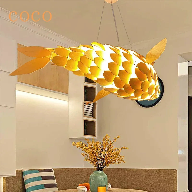 Suspension lumineuse bois forme poisson or led moderne art déco nickel brossé semi encastré