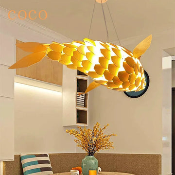 Suspension lumineuse bois forme poisson or led moderne art déco nickel brossé semi encastré