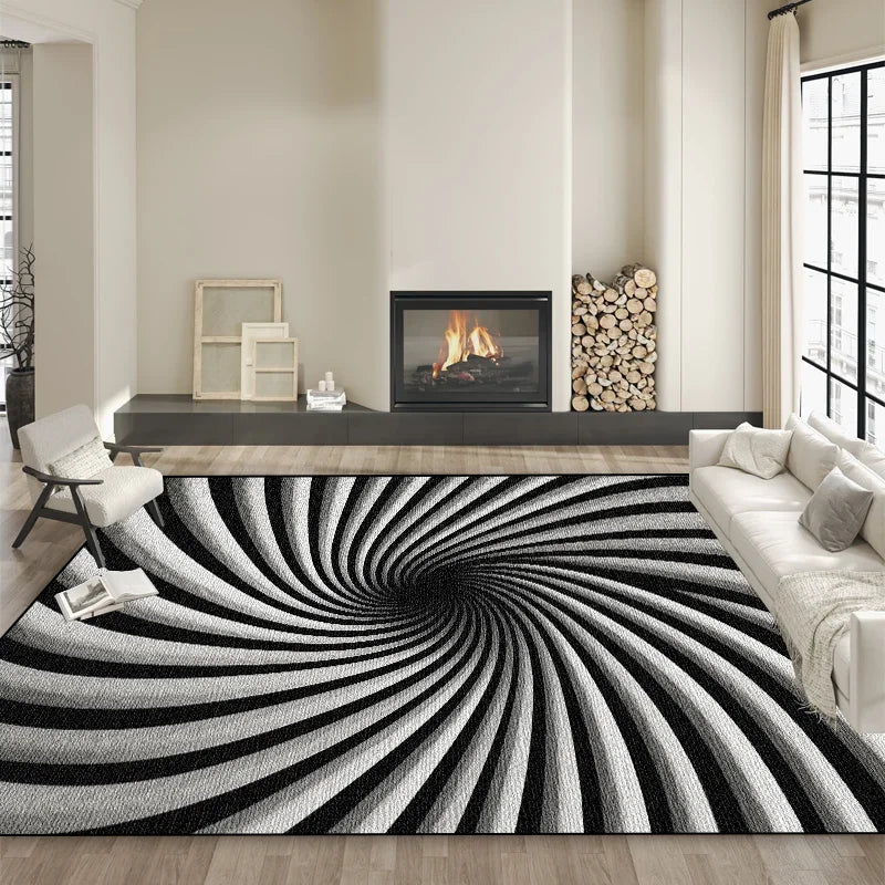 Un motif hypnotique de rayures noires et blanches s'étend sur le sol, ajoutant une touche d'élégance et de dynamisme à cette salle de séjour moderne et épurée.