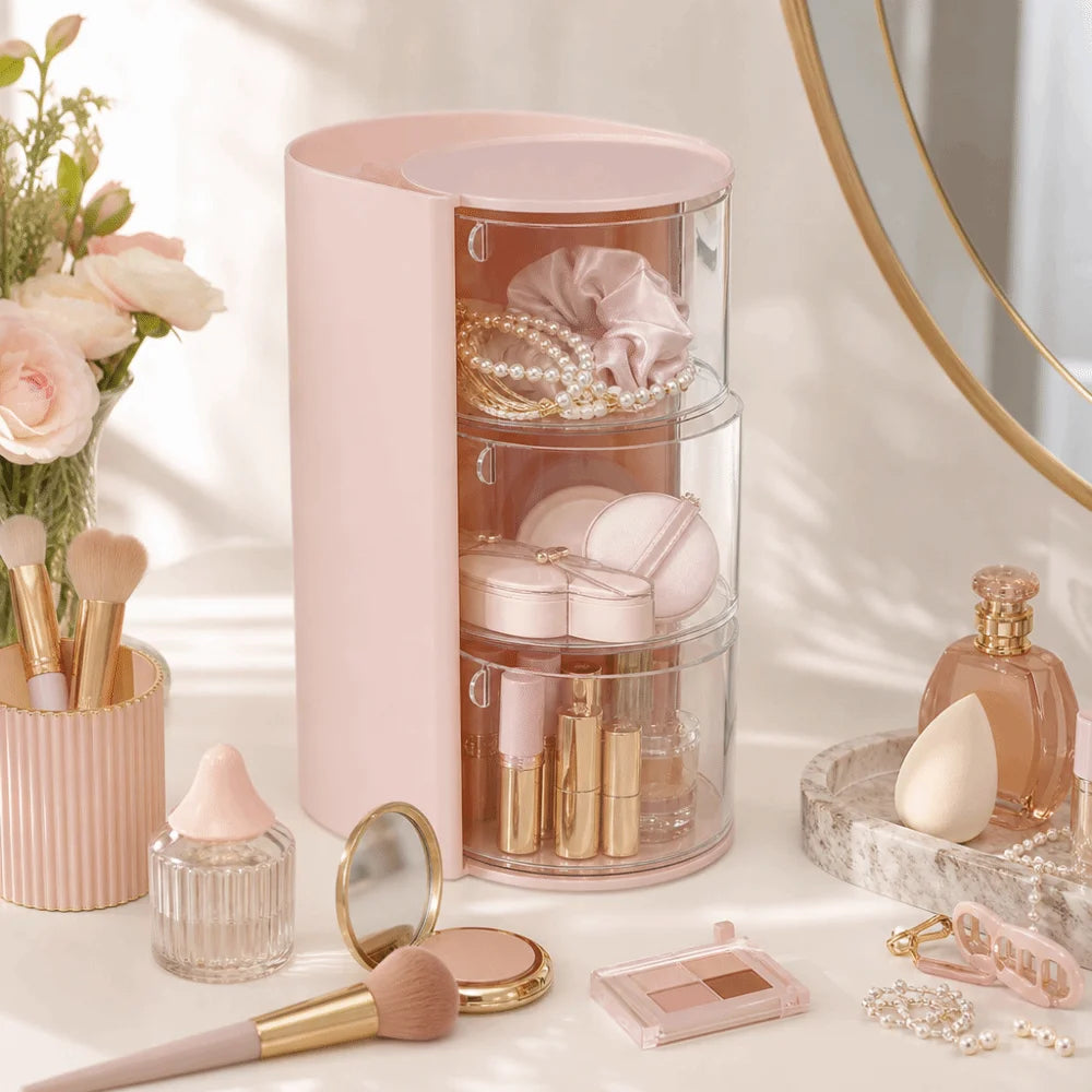organisateur maquillage tiroirs transparent rose blanc bijoux pinceaux rouges lèvres accessoires cosmétiques rangement féminin