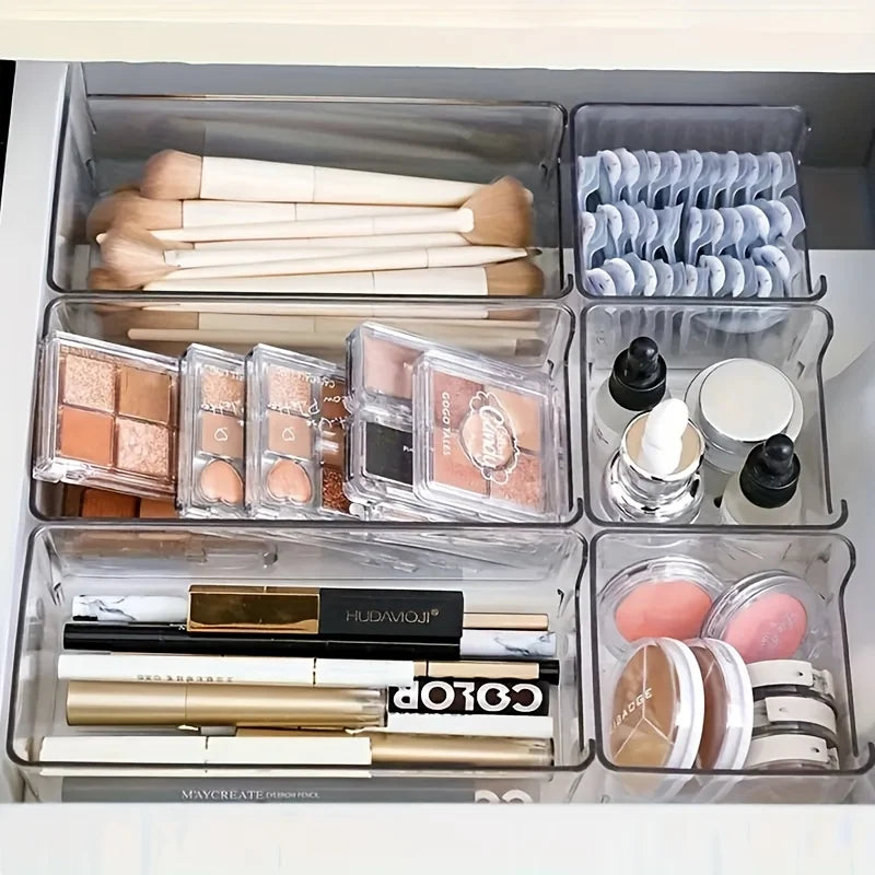 rangement maquillage boîtes transparentes minimaliste pinceaux fards paupières organisation cosmétiques accessoires visibilité pratique modularité